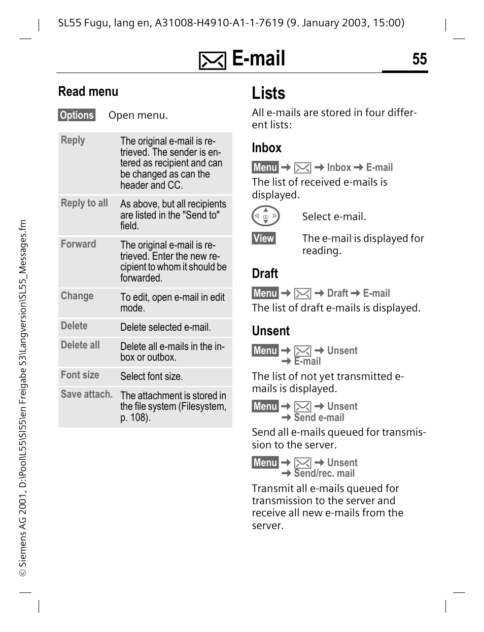 Read menu, Lists, Inbox | Draft, Unsent, E-mail | Siemens SL55 User Manual | Page 56 / 137