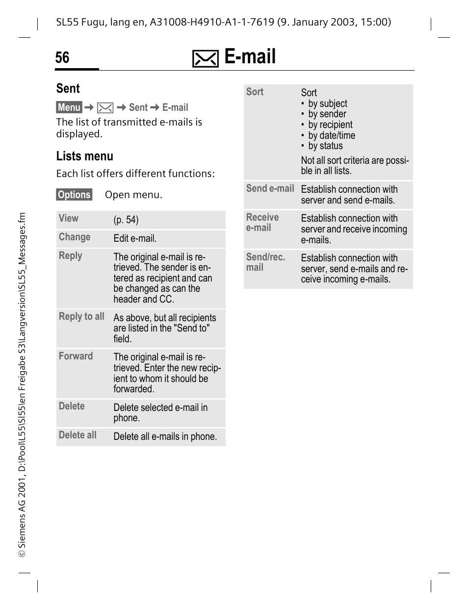 Sent, Lists menu, E-mail | Siemens SL55 User Manual | Page 57 / 137