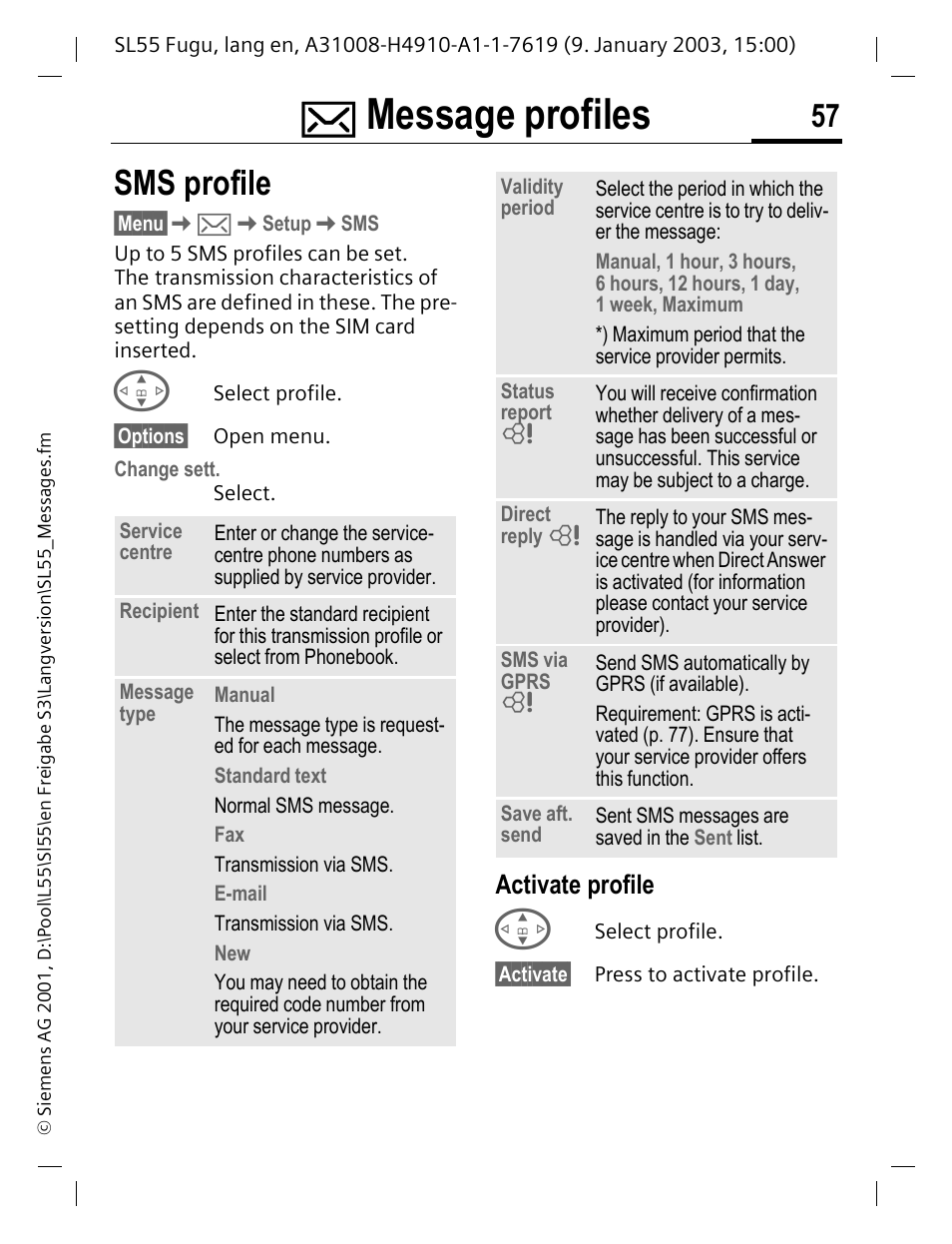 Message profiles, Sms profile, Activate profile | Ary, p. 57), P. 57 | Siemens SL55 User Manual | Page 58 / 137