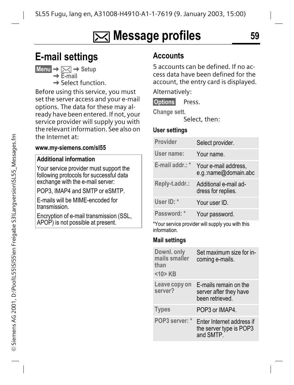 E-mail settings, Accounts, Ges (p. 59) | Message profiles | Siemens SL55 User Manual | Page 60 / 137