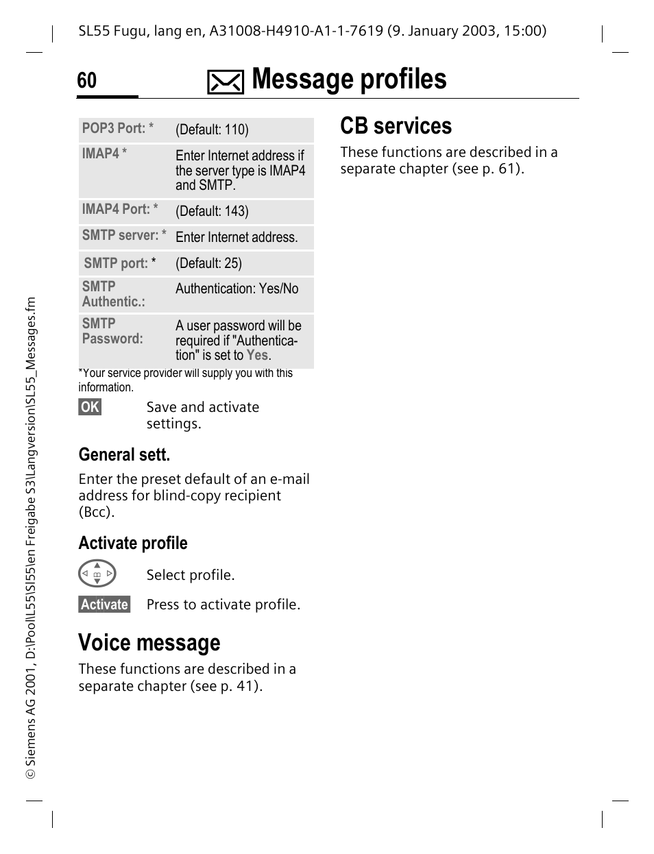 General sett, Activate profile, Voice message | Cb services, Message profiles | Siemens SL55 User Manual | Page 61 / 137