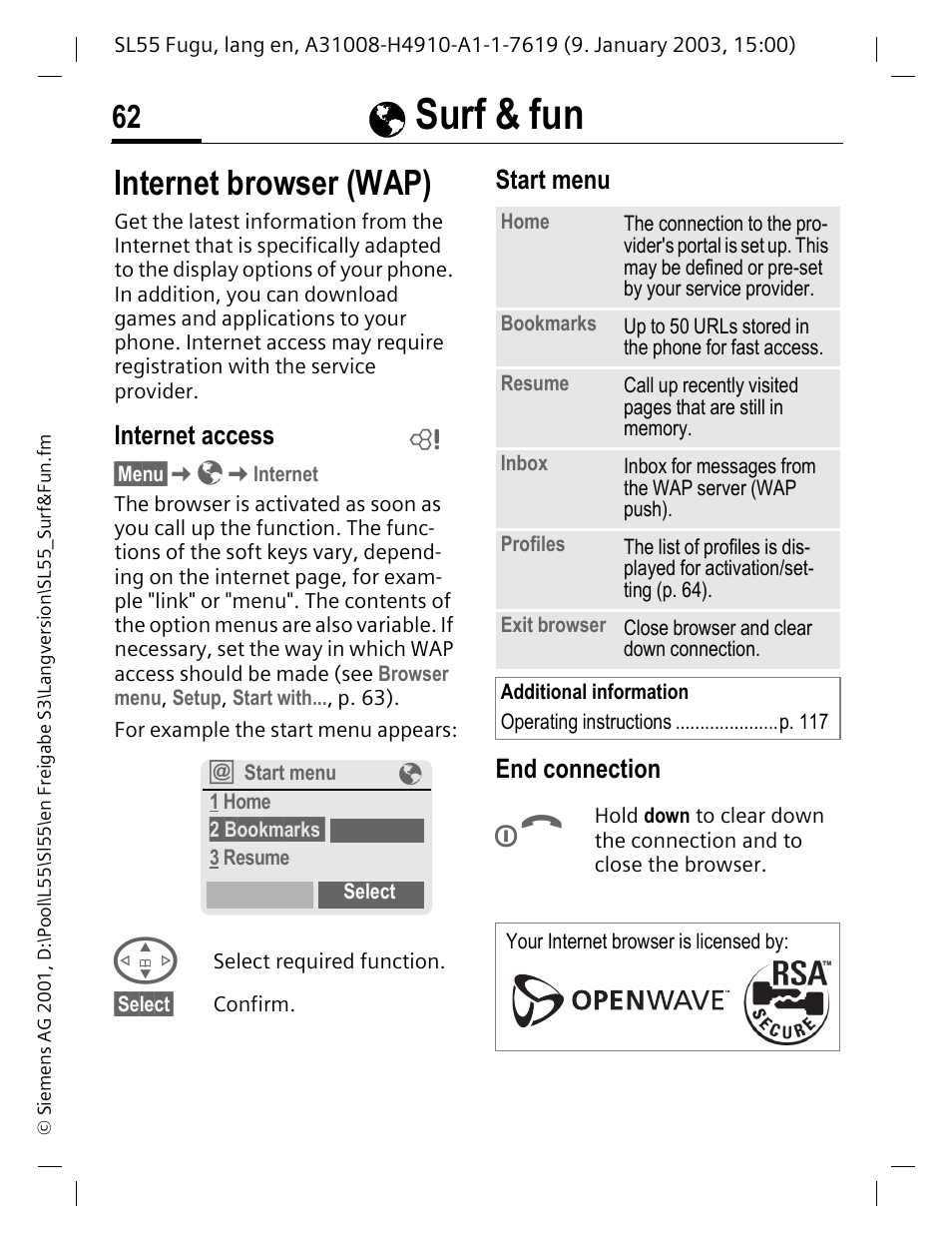 Surf & fun, Internet browser (wap), Internet access | Start menu, End connection, Surf, P. 62), Ésurf & fun, Start menu end connection | Siemens SL55 User Manual | Page 63 / 137