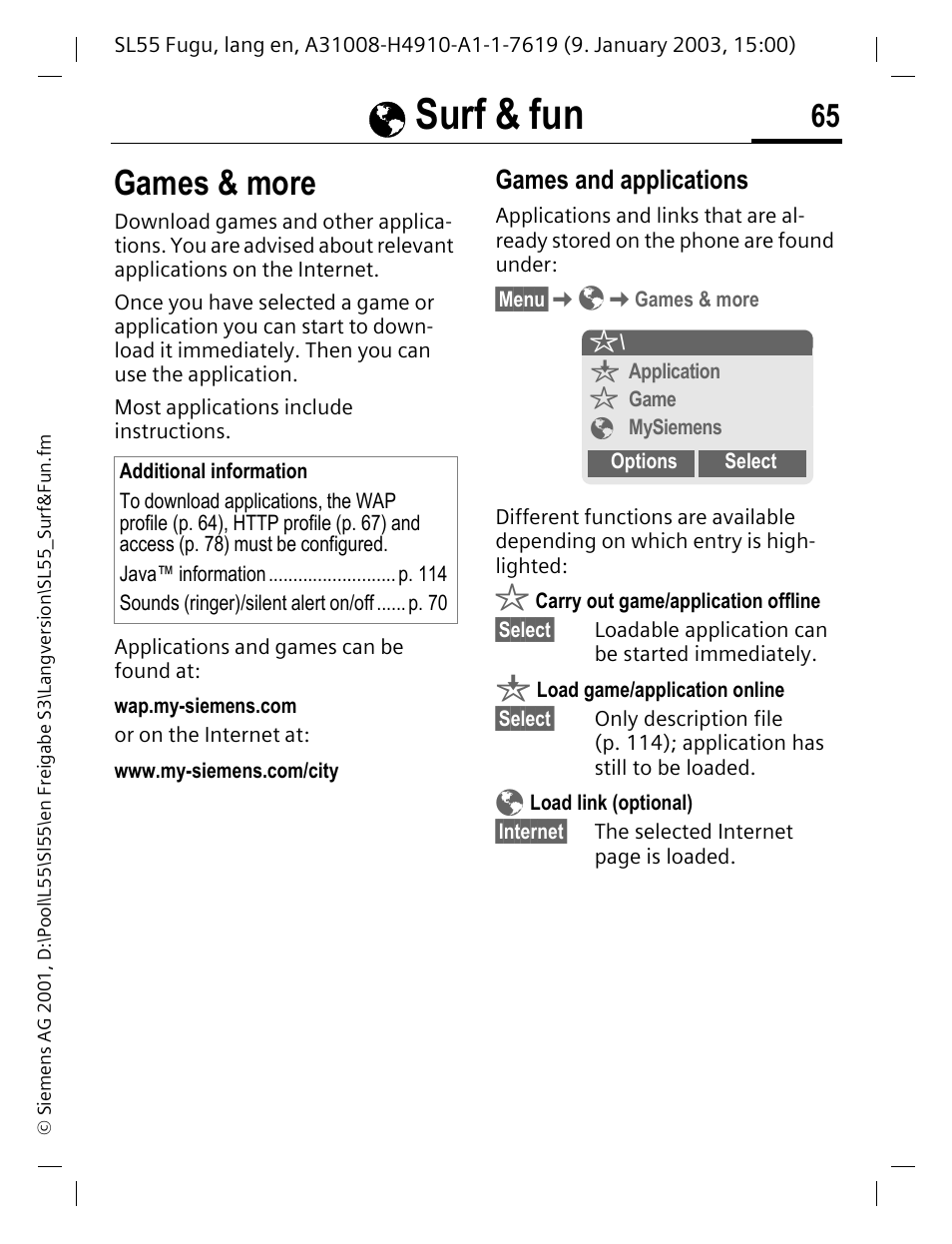 Games & more, Games and applications, Rnet (p. 65) | Ésurf & fun | Siemens SL55 User Manual | Page 66 / 137