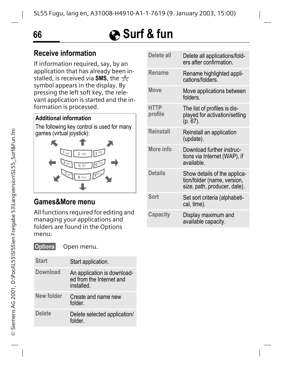 Receive information, Games&more menu, Ésurf & fun | Siemens SL55 User Manual | Page 67 / 137