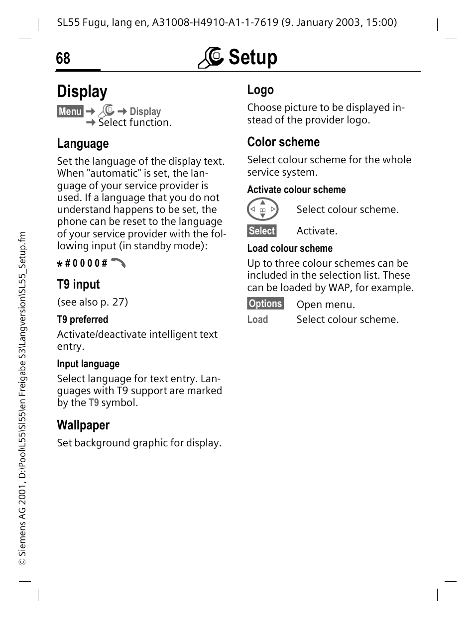 Setup, Display, Language | T9 input, Wallpaper, Logo, Color scheme, P. 68), Nd image (p. 68), Tire service system (p. 68) | Siemens SL55 User Manual | Page 69 / 137