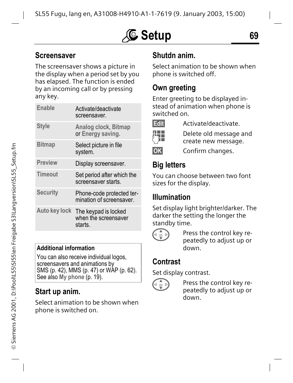 Screensaver, Start up anim, Shutdn anim | Own greeting, Big letters, Illumination, Contrast, P. 69, P. 69) as wel, Greeting (p. 69) | Siemens SL55 User Manual | Page 70 / 137