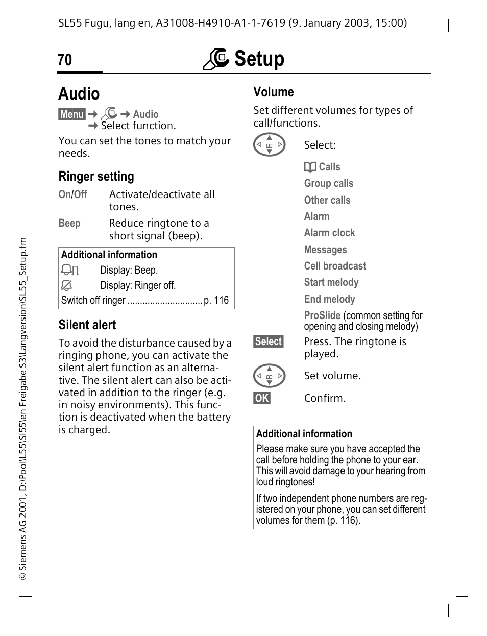 Audio, Ringer setting, Silent alert | Volume, P. 70), P. 70, Msetup | Siemens SL55 User Manual | Page 71 / 137