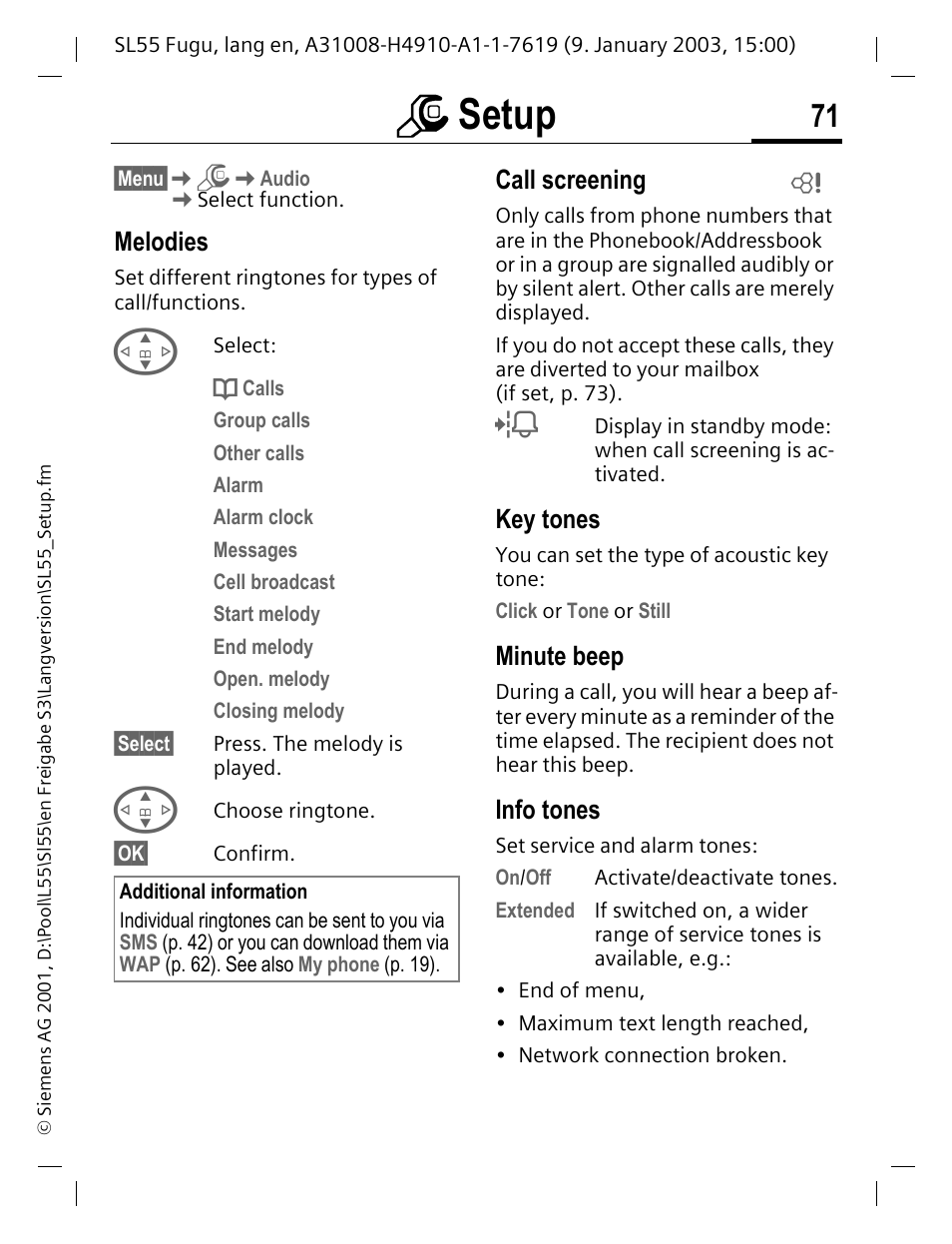 Melodies, Call screening, Key tones | Minute beep, Info tones, Nes (p. 71), L dates (p. 71), Msetup | Siemens SL55 User Manual | Page 72 / 137