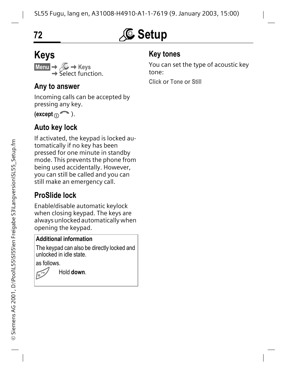 Keys, Any to answer, Auto key lock | Proslide lock, Key tones, P. 72, Msetup | Siemens SL55 User Manual | Page 73 / 137