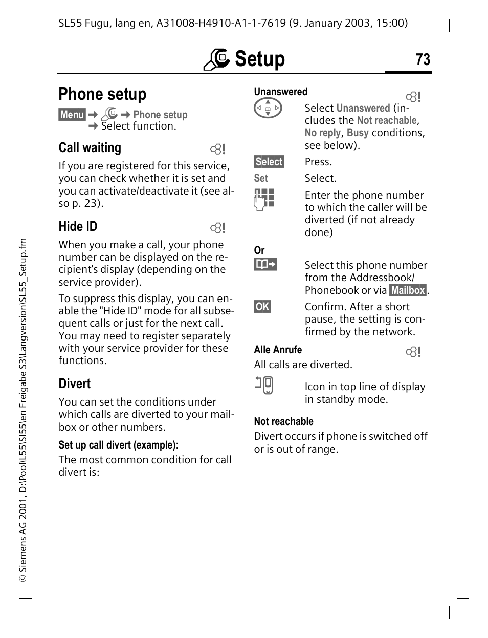 Phone setup, Call waiting, Hide id | Divert, P. 73, Ly.(p. 73), P. 73), Msetup | Siemens SL55 User Manual | Page 74 / 137