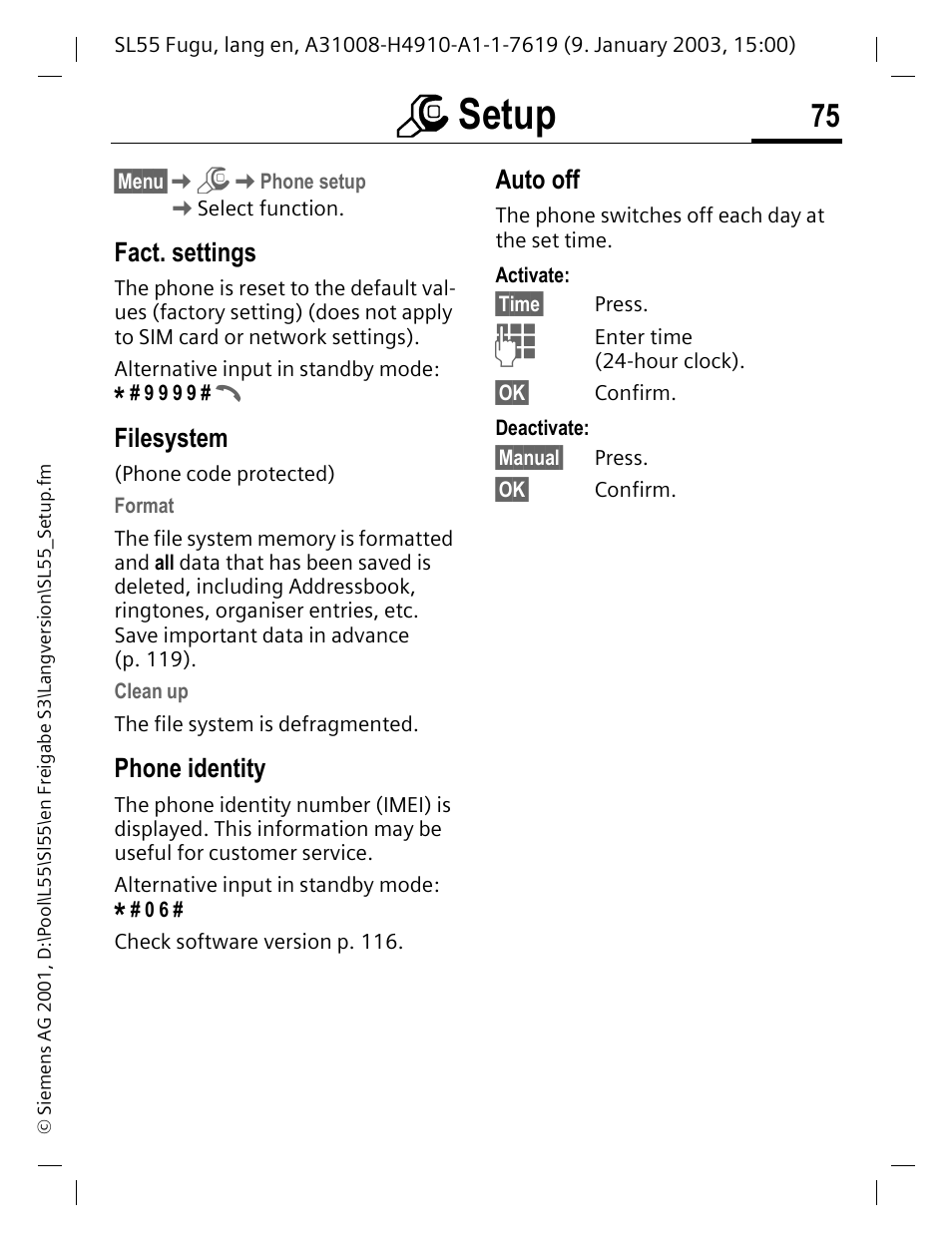 Fact. settings, Filesystem, Phone identity | Auto off, Msetup | Siemens SL55 User Manual | Page 76 / 137