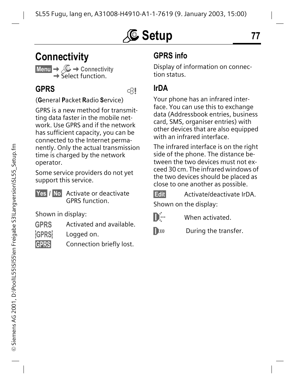 Connectivity, Gprs, Gprs info | Irda, Msetup | Siemens SL55 User Manual | Page 78 / 137