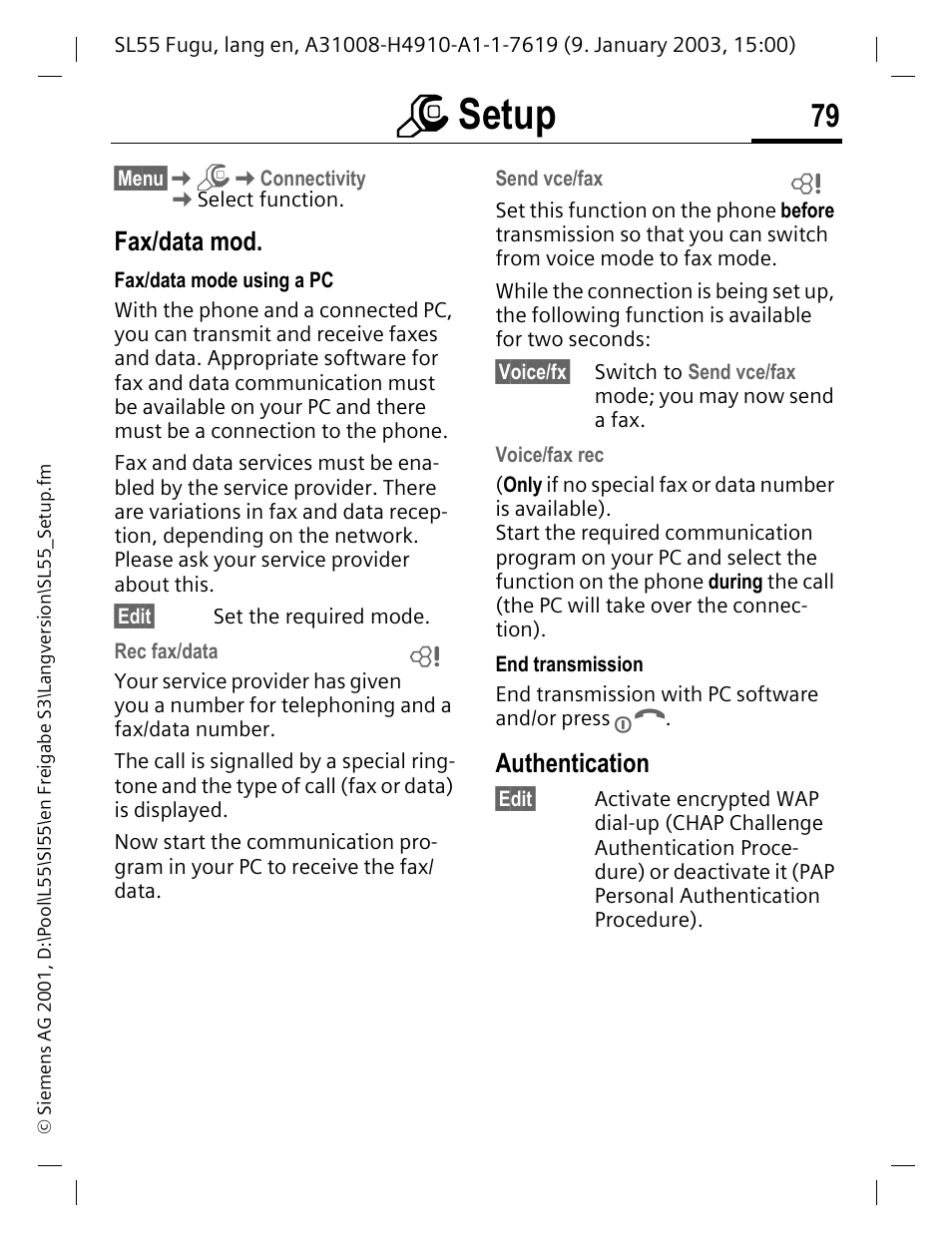 Fax/data mod, Authentication, Msetup | Siemens SL55 User Manual | Page 80 / 137