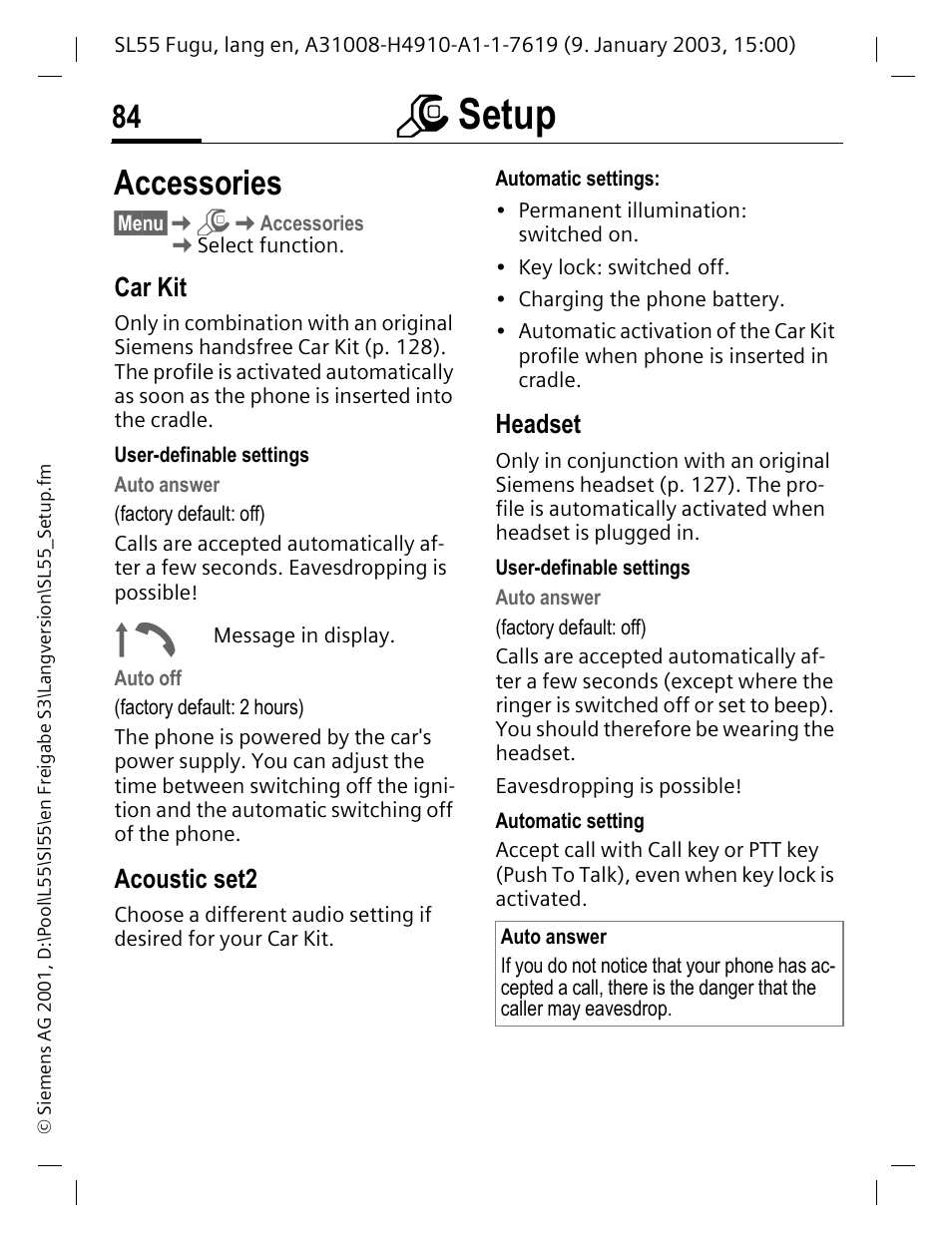 Accessories, Car kit, Acoustic set2 | Headset, Driving (p. 84), Msetup | Siemens SL55 User Manual | Page 85 / 137