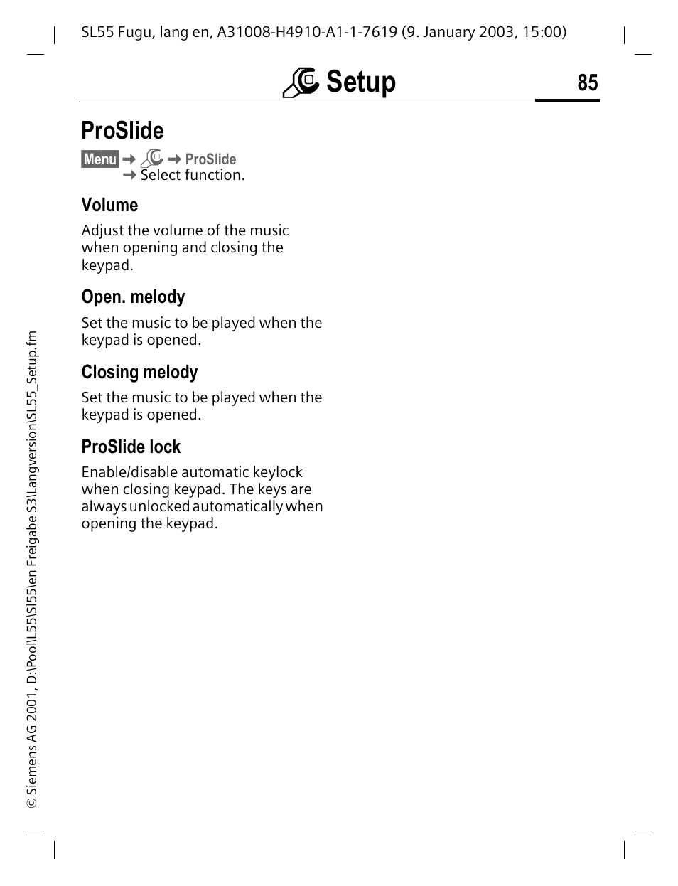 Proslide, Volume, Open. melody | Closing melody, Proslide lock, Msetup | Siemens SL55 User Manual | Page 86 / 137