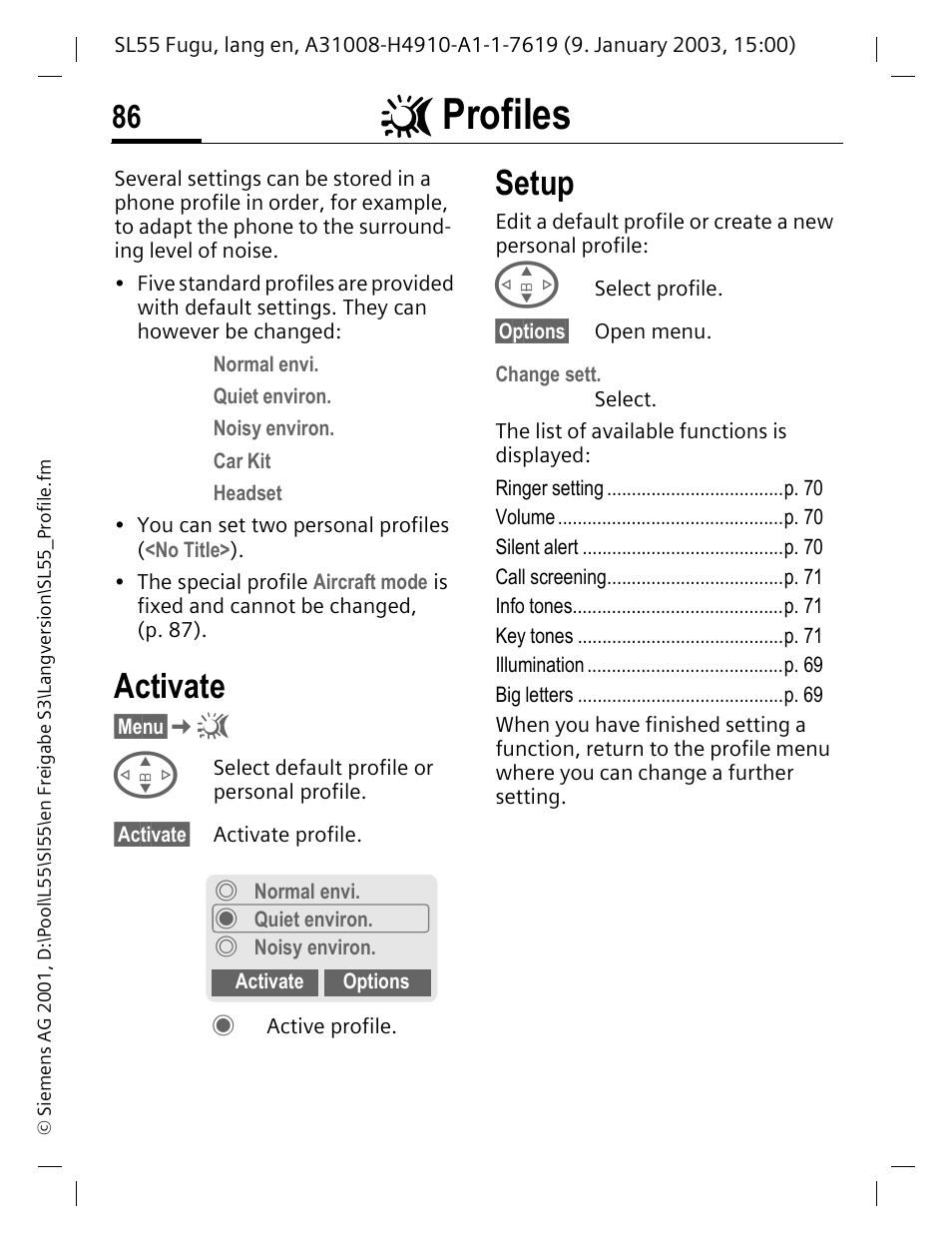 Profiles, Activate, Setup | Siemens SL55 User Manual | Page 87 / 137