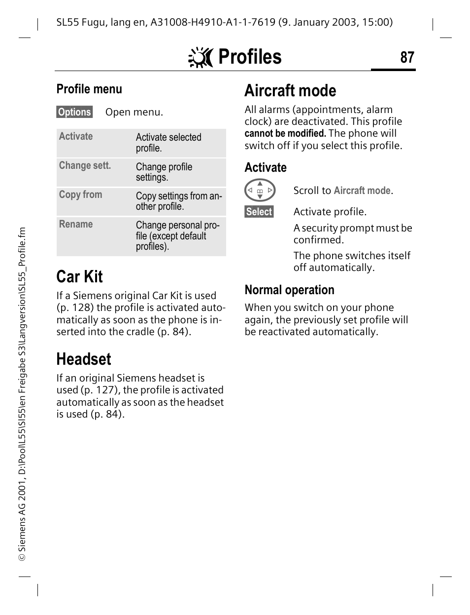 Profile menu, Activate, Normal operation | P. 87), Profiles, Car kit, Headset, Aircraft mode | Siemens SL55 User Manual | Page 88 / 137