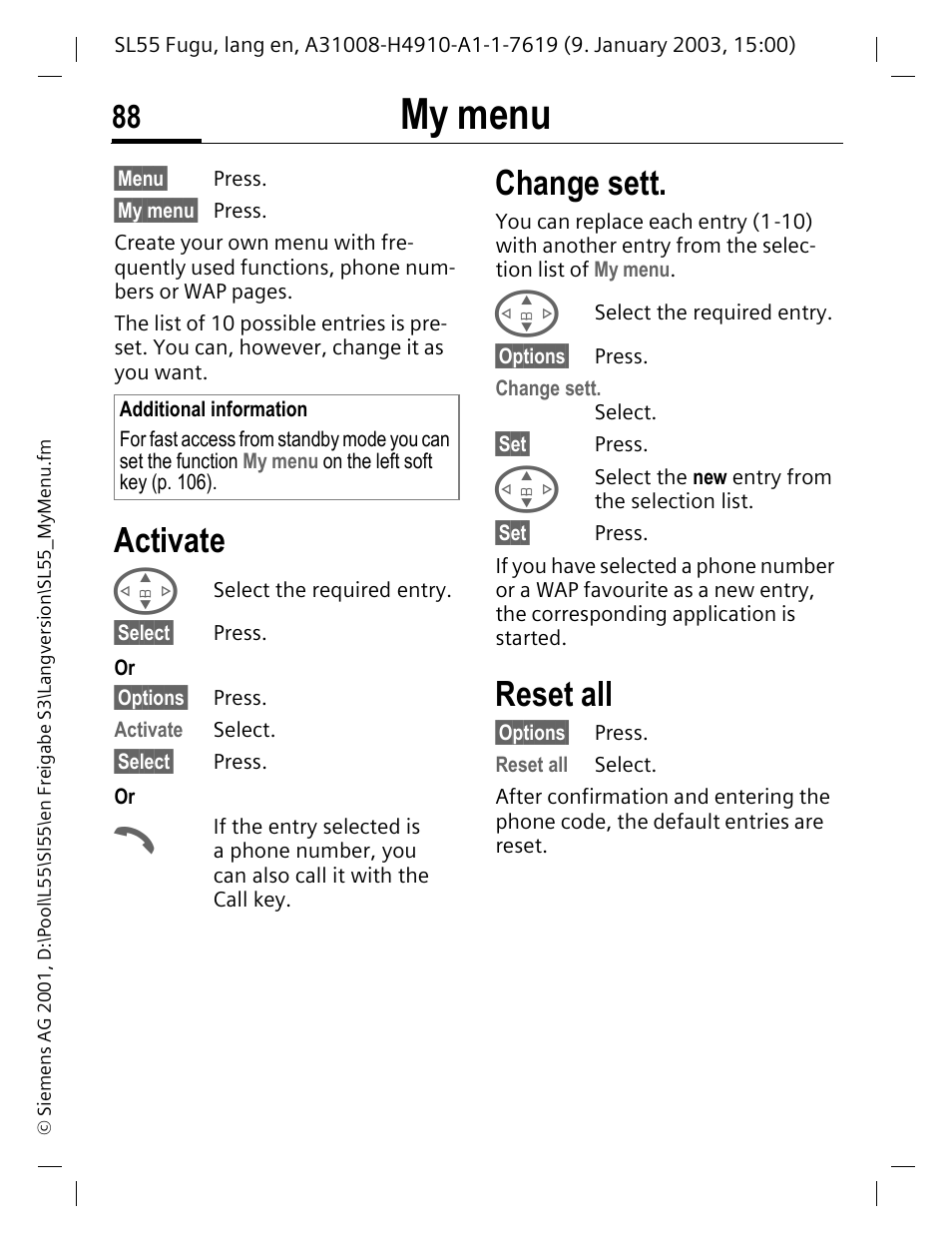 My menu, S (p. 88), Activate | Change sett, Reset all | Siemens SL55 User Manual | Page 89 / 137
