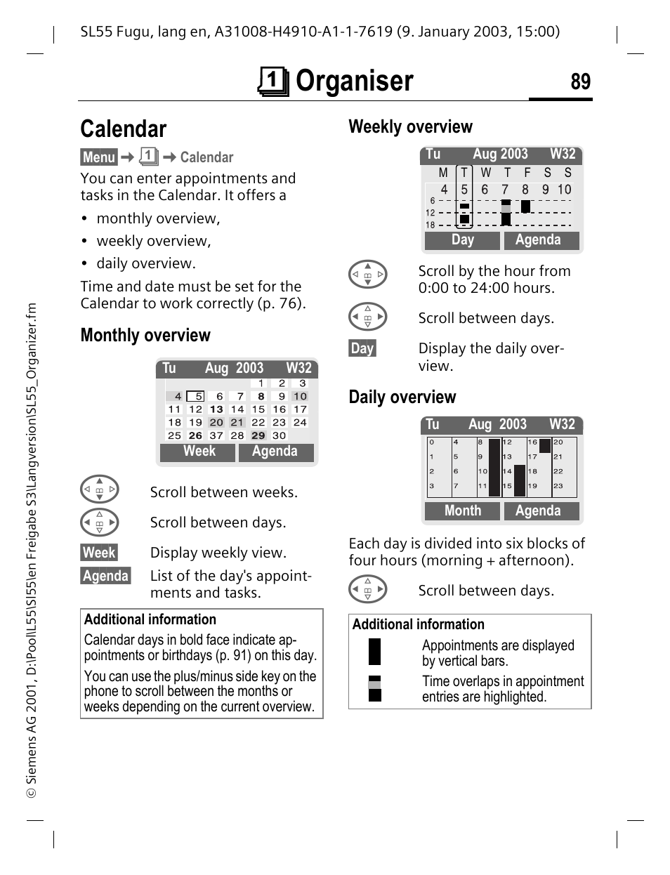 Organiser, Calendar, Monthly overview | Weekly overview, Daily overview, Organ, Çorganiser | Siemens SL55 User Manual | Page 90 / 137