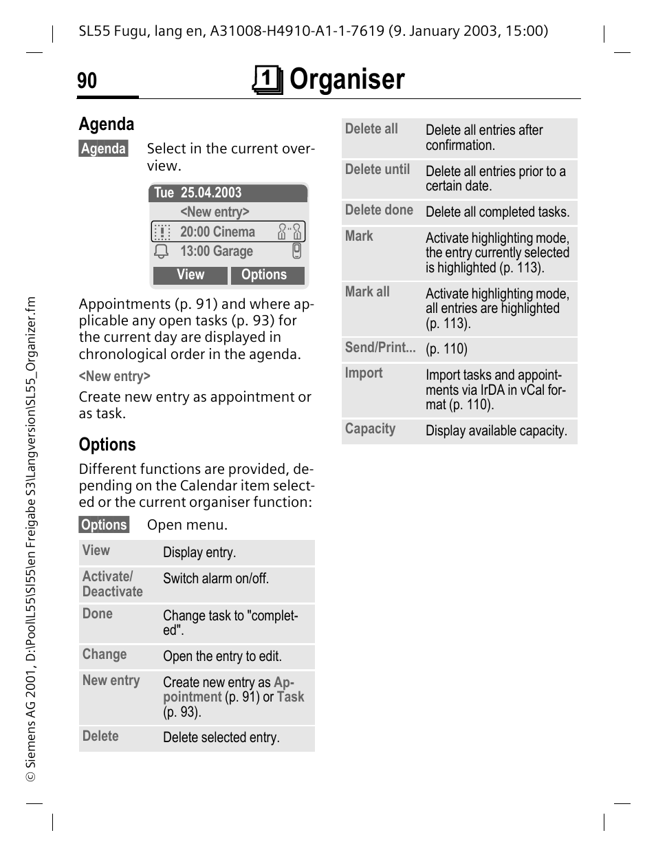 Agenda, Options, Çorganiser | Siemens SL55 User Manual | Page 91 / 137