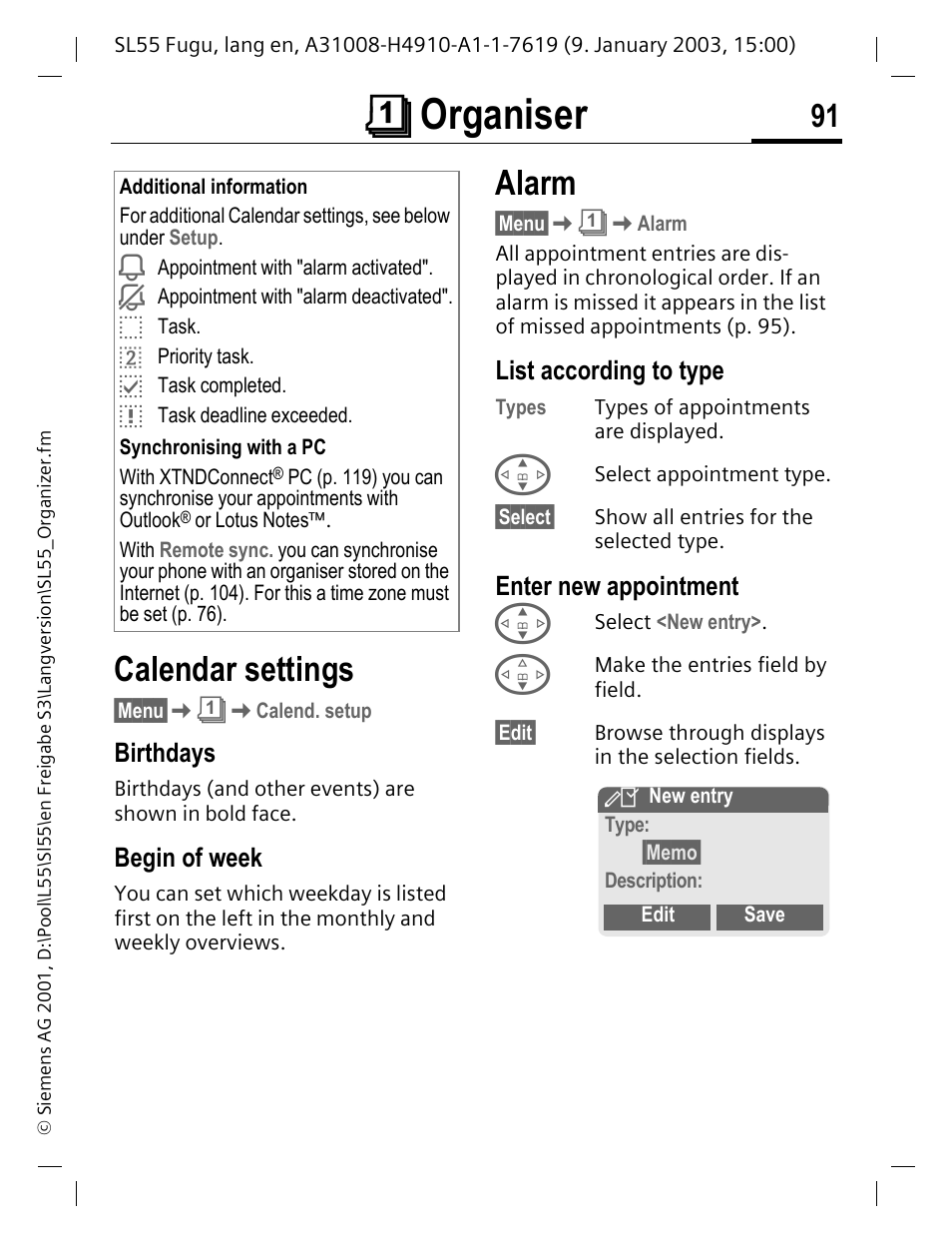 Birthdays, Begin of week, Alarm | List according to type, Enter new appointment, Tments (p. 91) an, P. 91) o, Çorganiser, Calendar settings | Siemens SL55 User Manual | Page 92 / 137