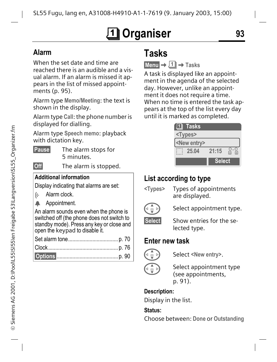 Alarm, Tasks, List according to type | Enter new task, Tasks (p. 93) for, P. 93), Çorganiser | Siemens SL55 User Manual | Page 94 / 137