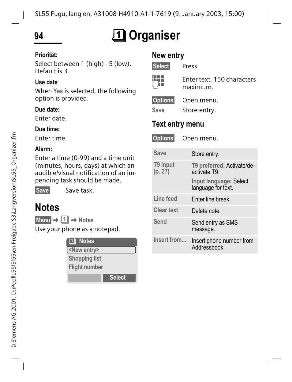 Notes, New entry, Text entry menu | Çorganiser | Siemens SL55 User Manual | Page 95 / 137