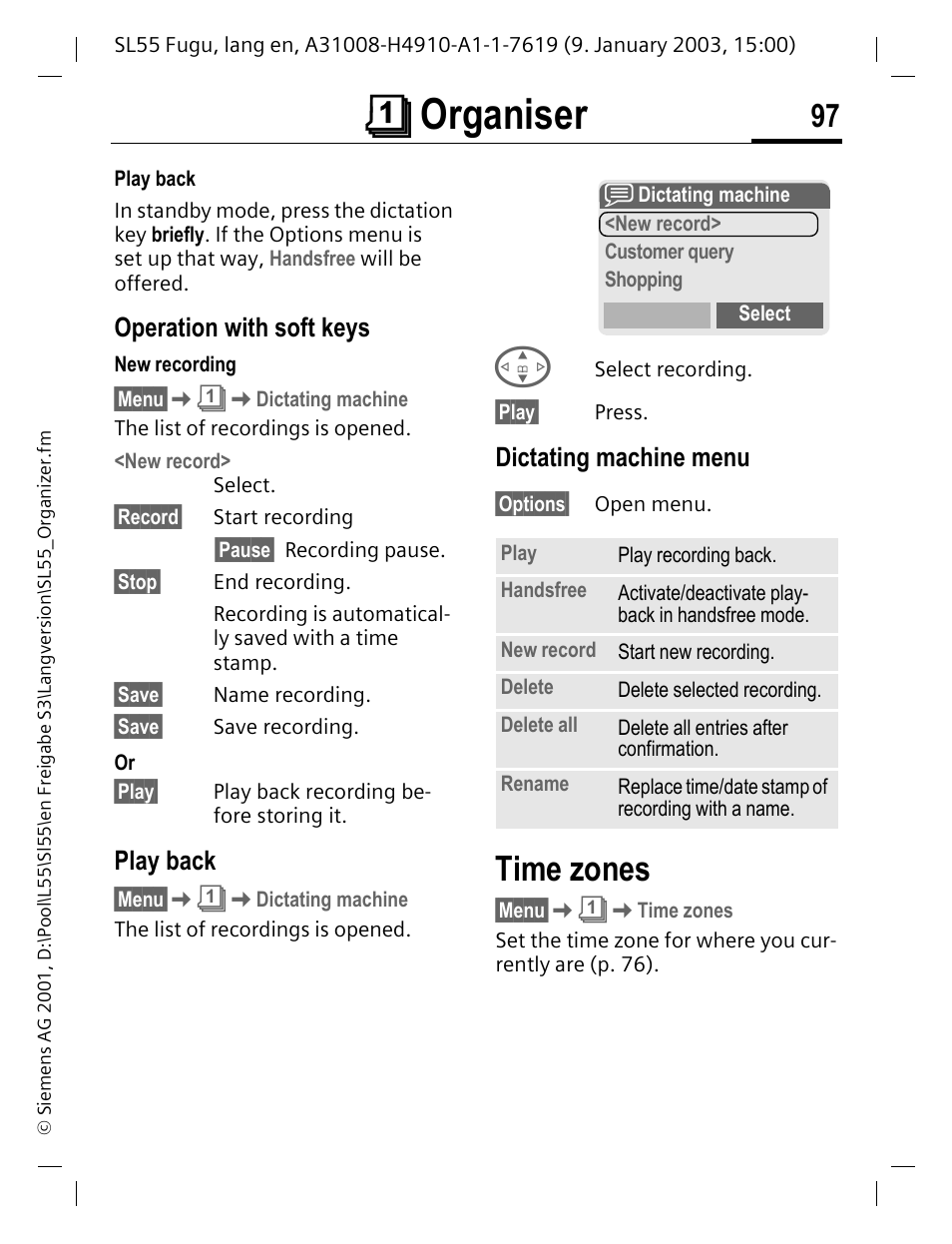 Operation with soft keys, Play back, Dictating machine menu | Time zones, Çorganiser | Siemens SL55 User Manual | Page 98 / 137