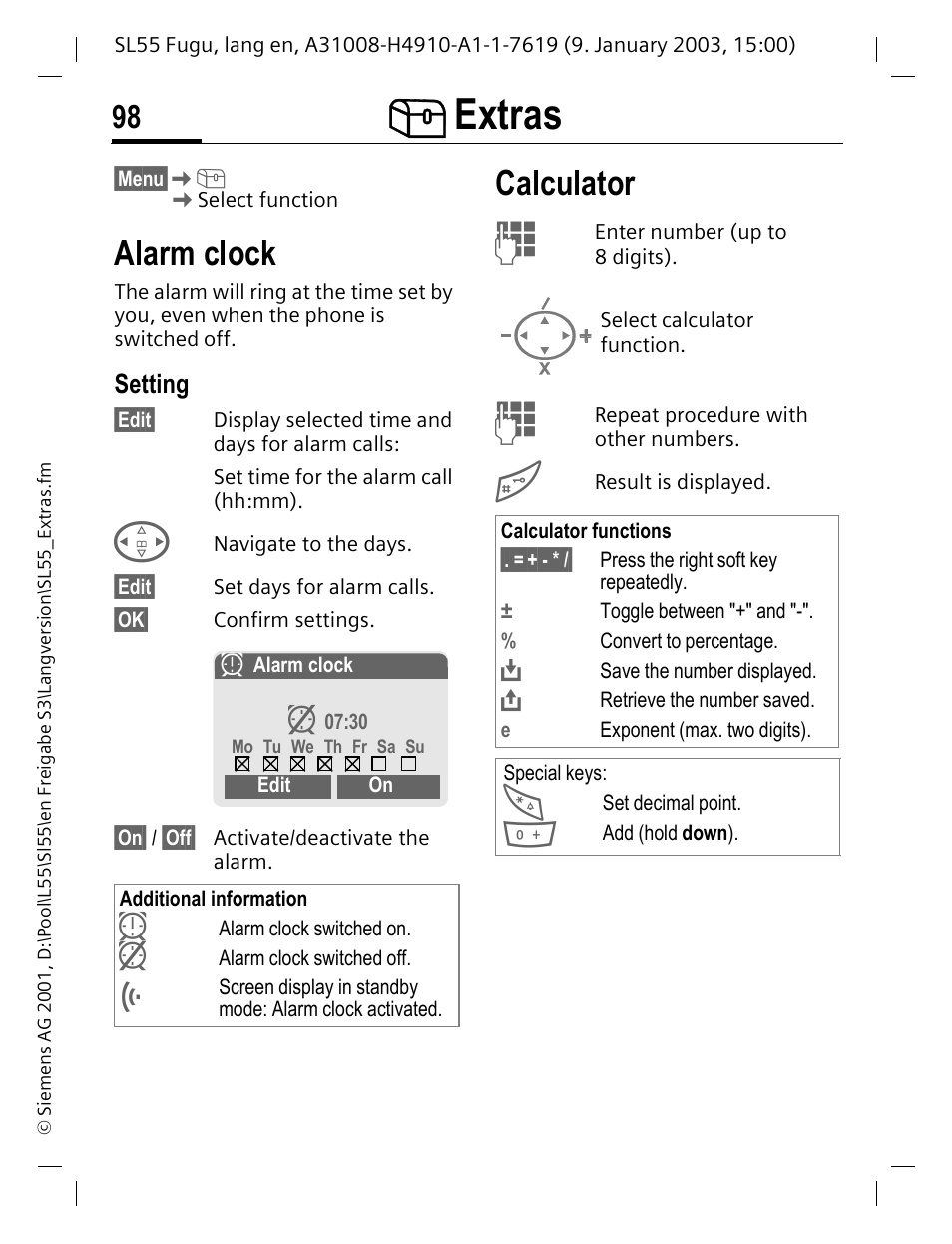 Extras, Alarm clock, Setting | Calculator | Siemens SL55 User Manual | Page 99 / 137