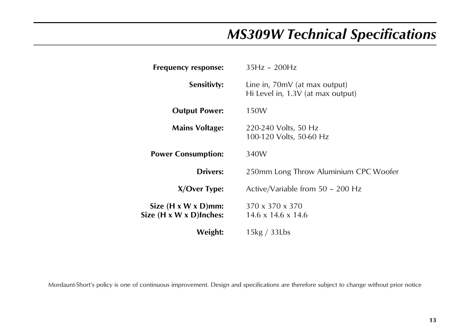 Ms309w technical specifications | Mordaunt-Short MS309W User Manual | Page 13 / 16