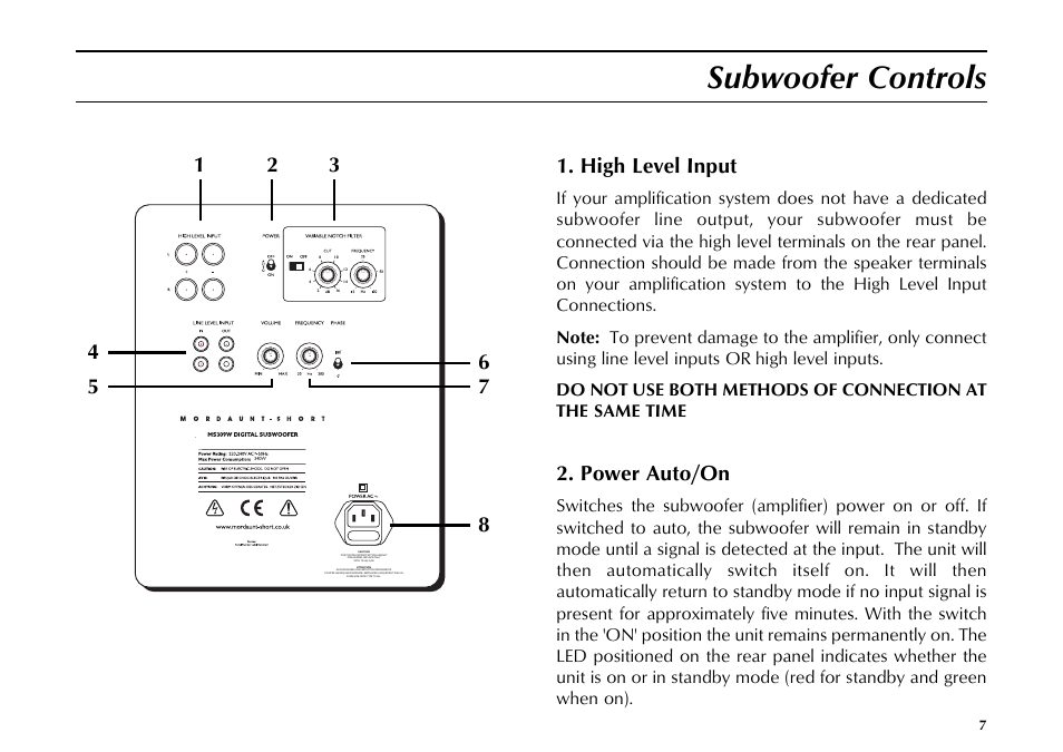 Subwoofer controls, High level input, Power auto/on | Mordaunt-Short MS309W User Manual | Page 7 / 16