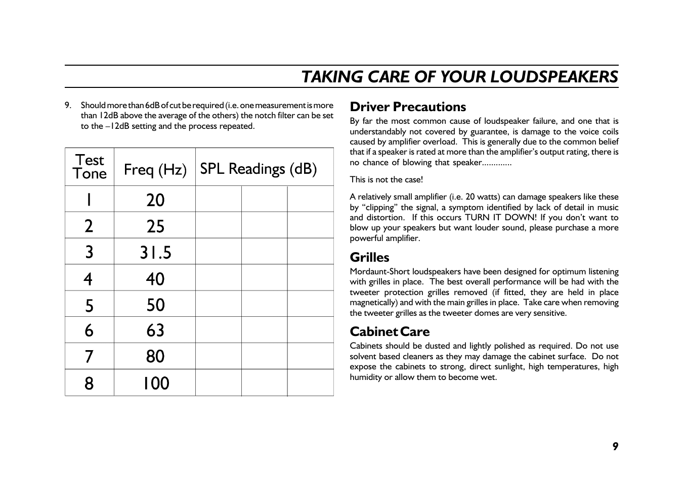 Taking care of your loudspeakers, Driver precautions, Grilles | Cabinet care | Mordaunt-Short 500 Series THX User Manual | Page 9 / 11