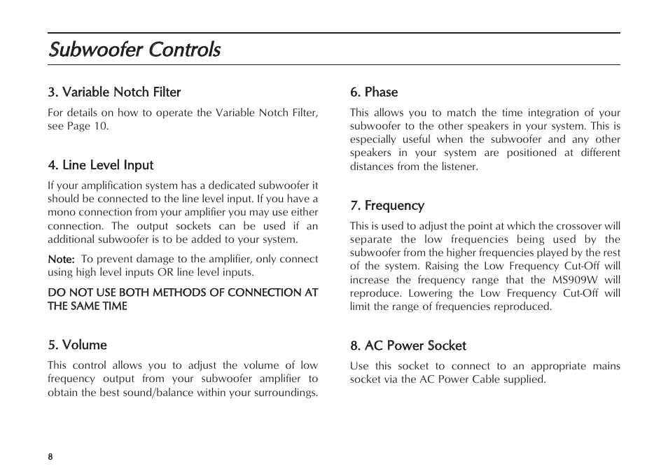 Ssubw wooferr c contrrols | Mordaunt-Short MS909W User Manual | Page 8 / 16