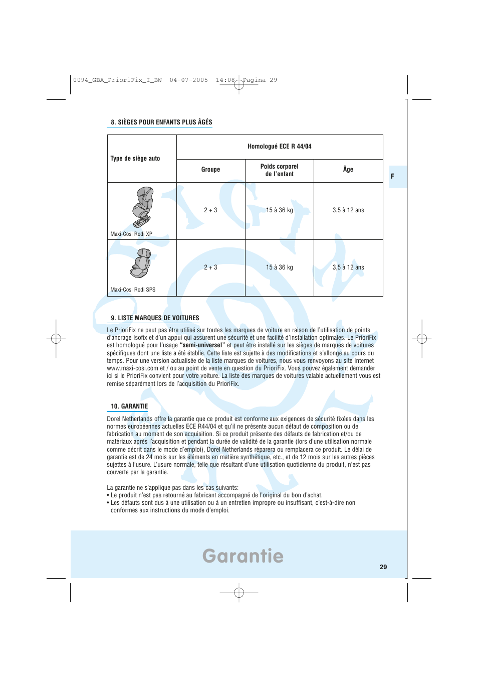 Garantie | Maxi-Cosi Car Seat User Manual | Page 29 / 96