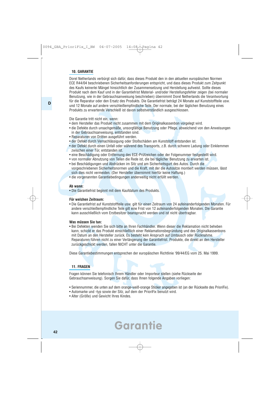 Garantie | Maxi-Cosi Car Seat User Manual | Page 42 / 96