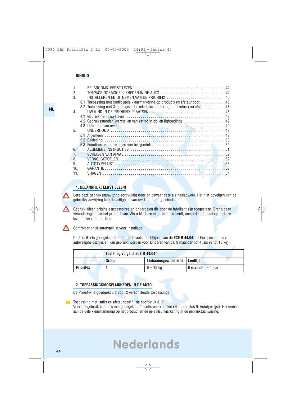 Nederlands | Maxi-Cosi Car Seat User Manual | Page 44 / 96