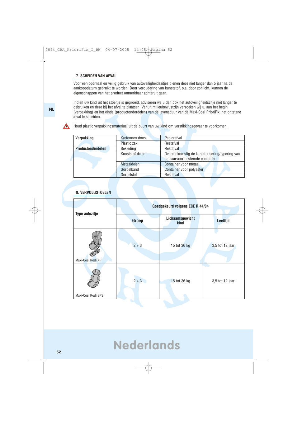 Nederlands | Maxi-Cosi Car Seat User Manual | Page 52 / 96