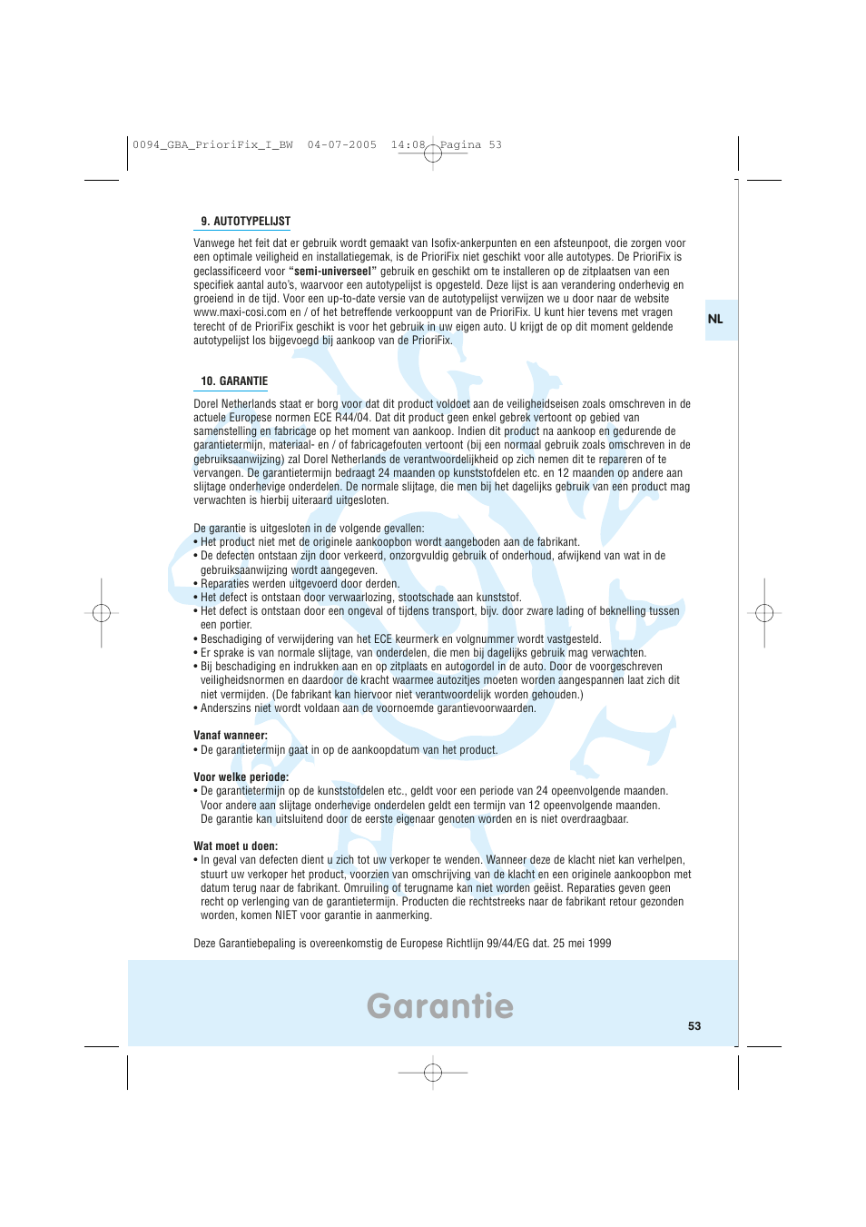 Garantie | Maxi-Cosi Car Seat User Manual | Page 53 / 96