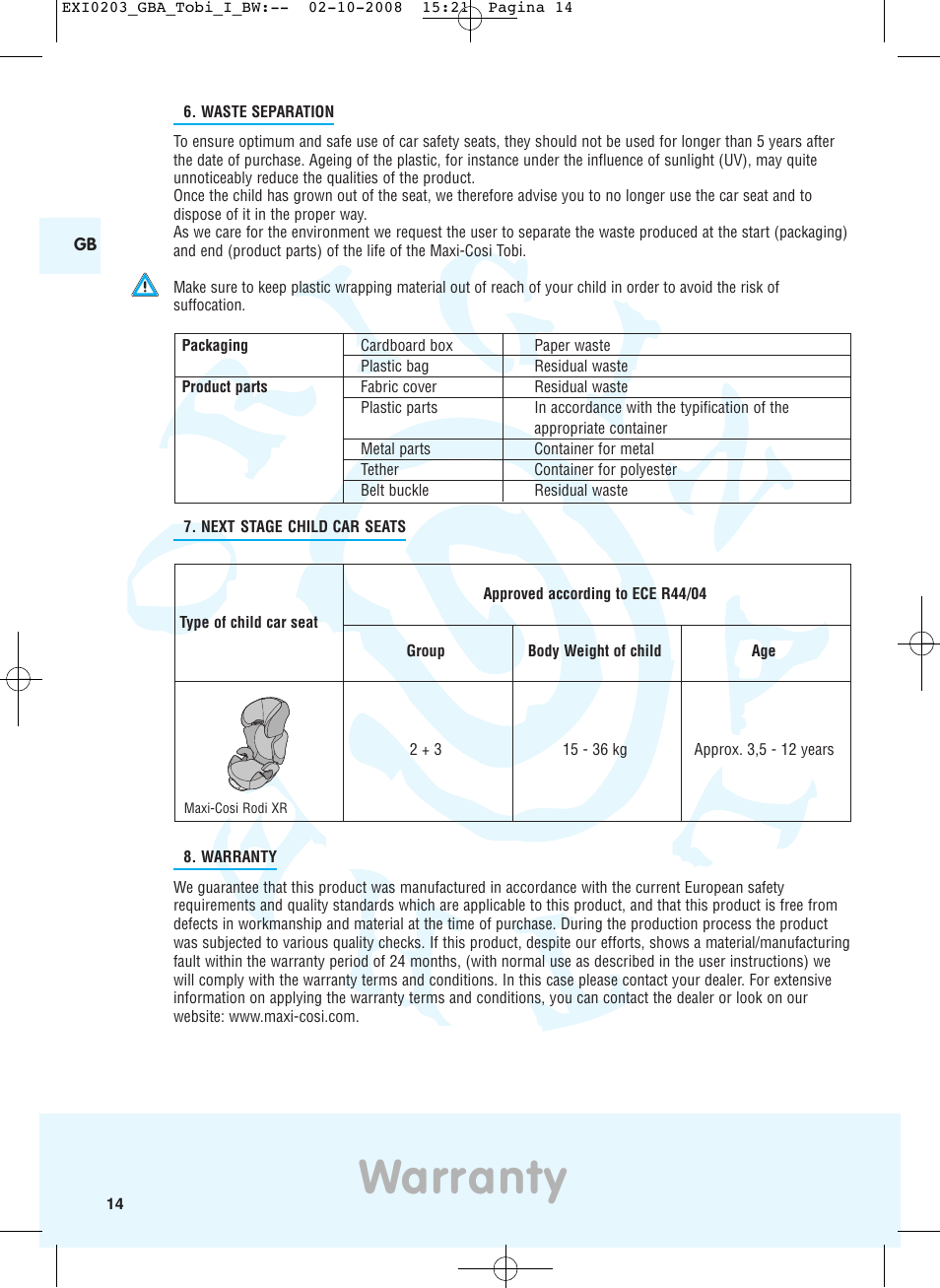 Warranty | Maxi-Cosi TOBI DRU0632 User Manual | Page 10 / 74