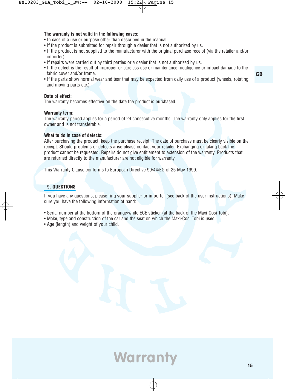 Warranty | Maxi-Cosi TOBI DRU0632 User Manual | Page 11 / 74