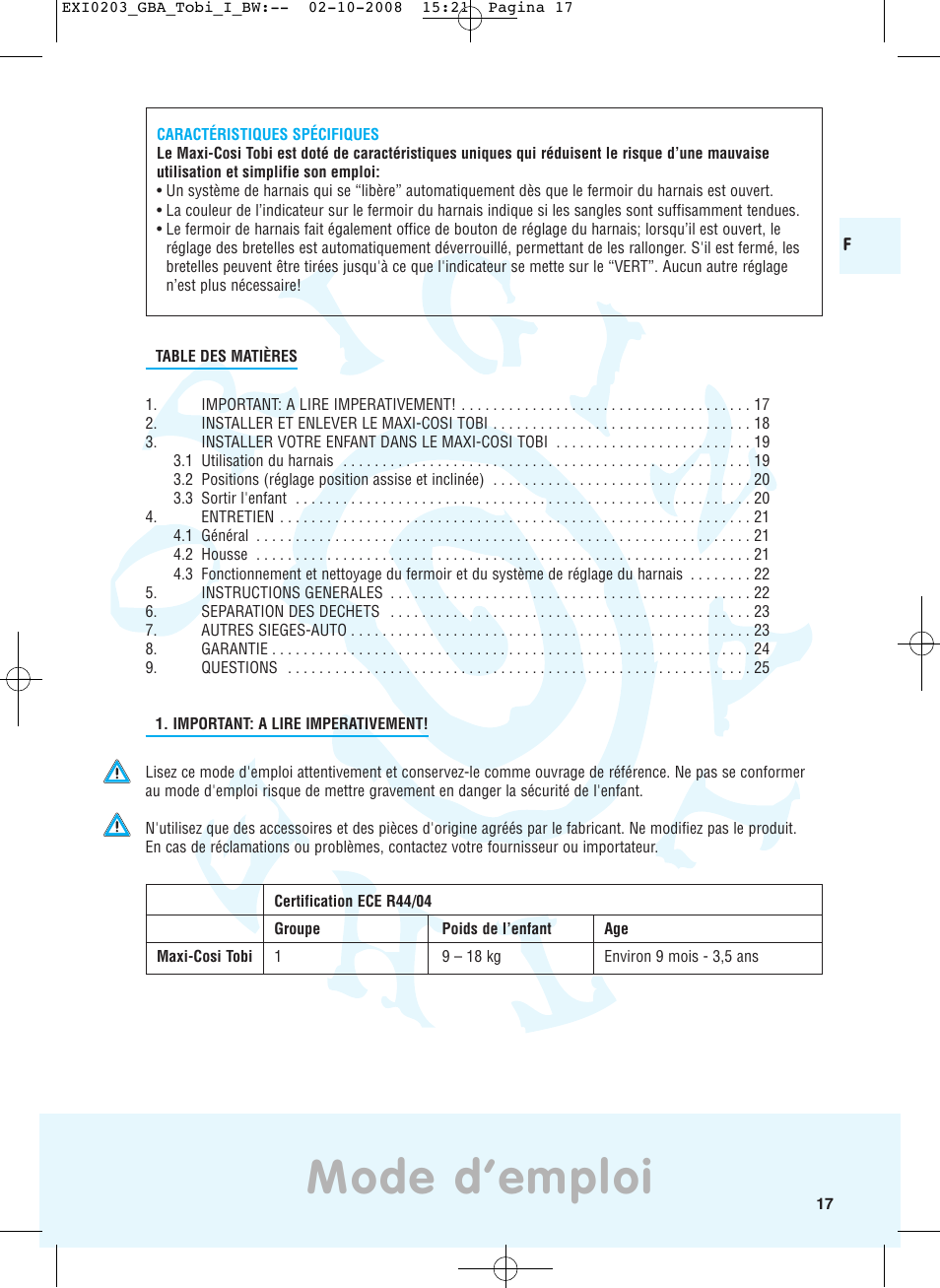 Mode d’emploi | Maxi-Cosi TOBI DRU0632 User Manual | Page 13 / 74