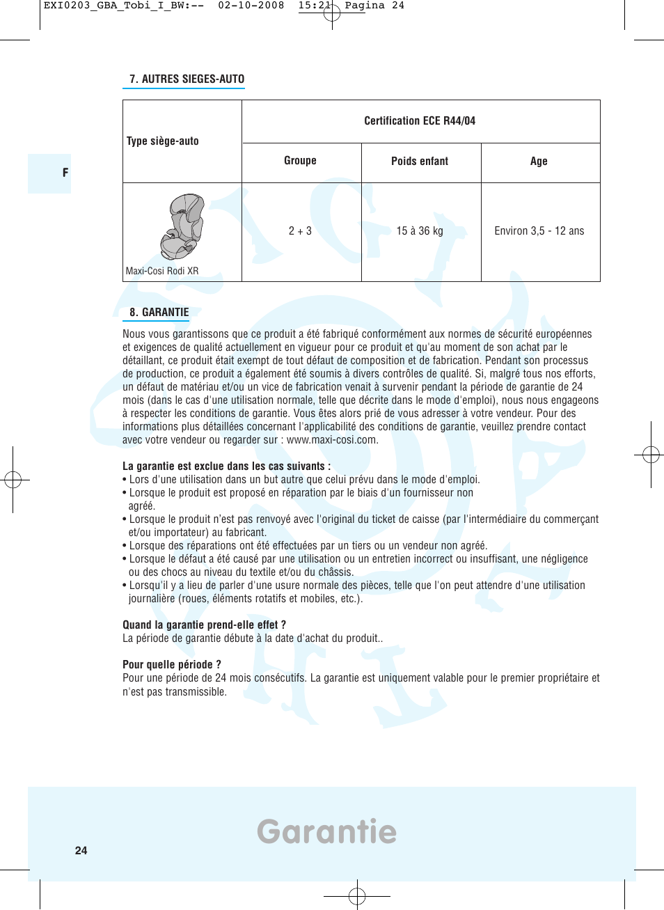 Garantie | Maxi-Cosi TOBI DRU0632 User Manual | Page 20 / 74