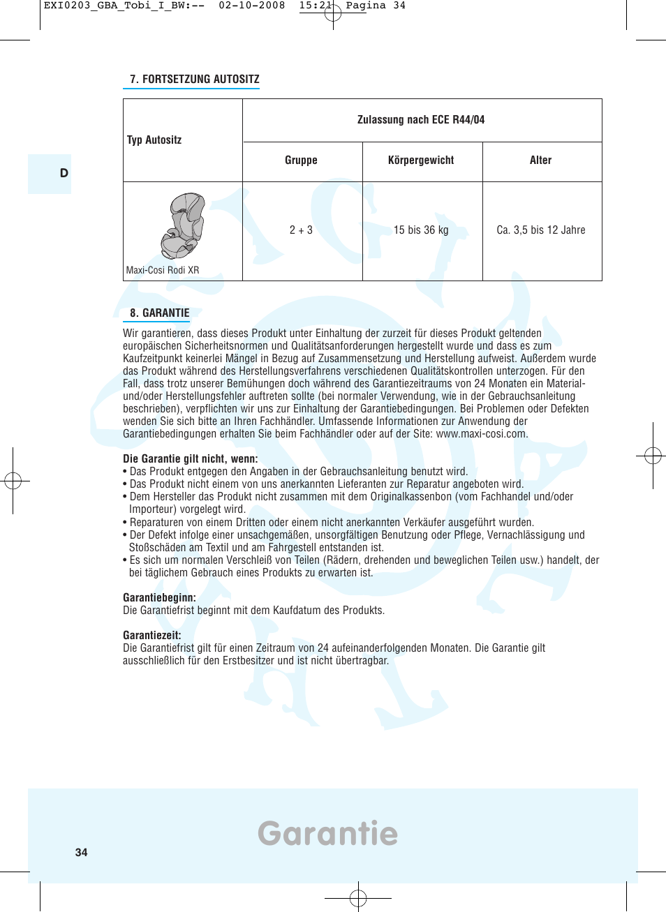 Garantie | Maxi-Cosi TOBI DRU0632 User Manual | Page 30 / 74