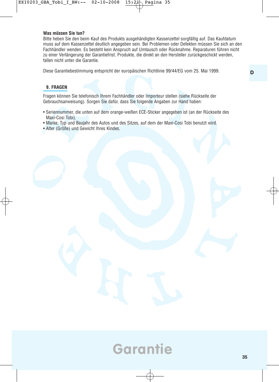 Garantie | Maxi-Cosi TOBI DRU0632 User Manual | Page 31 / 74