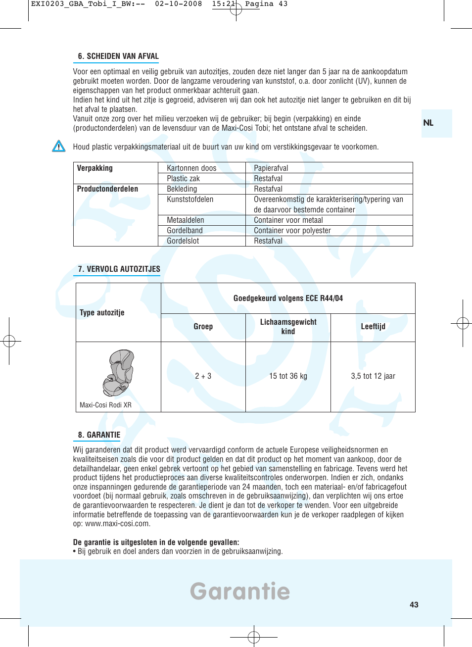Garantie | Maxi-Cosi TOBI DRU0632 User Manual | Page 39 / 74