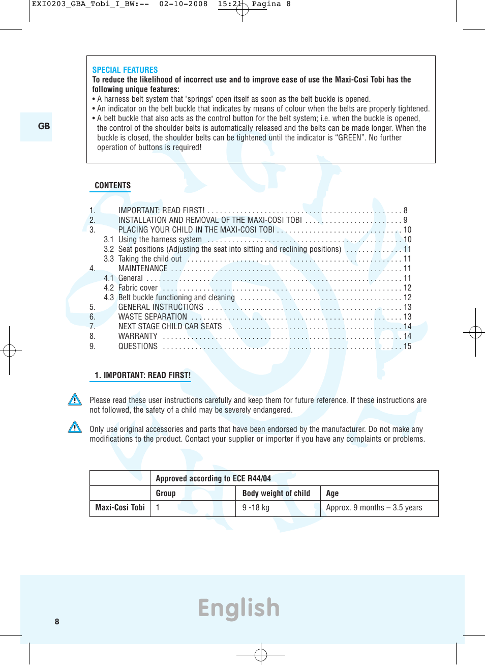 English | Maxi-Cosi TOBI DRU0632 User Manual | Page 4 / 74