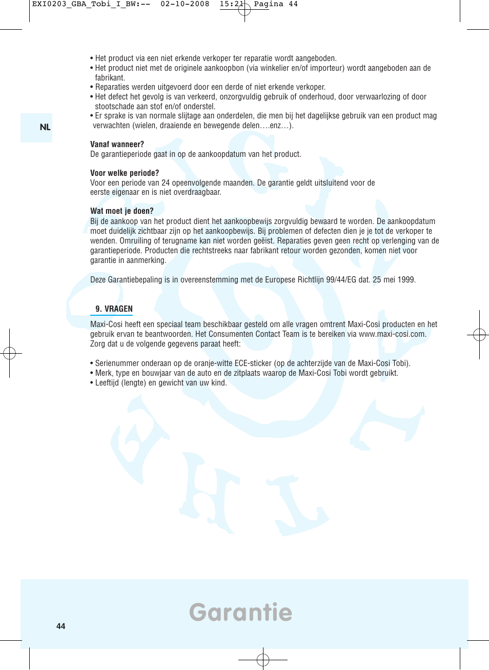 Garantie | Maxi-Cosi TOBI DRU0632 User Manual | Page 40 / 74