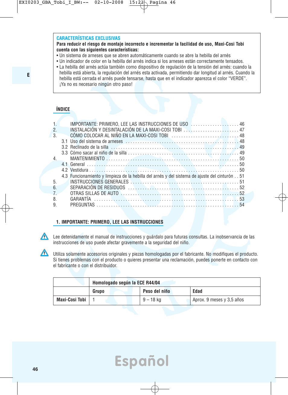 Español | Maxi-Cosi TOBI DRU0632 User Manual | Page 42 / 74