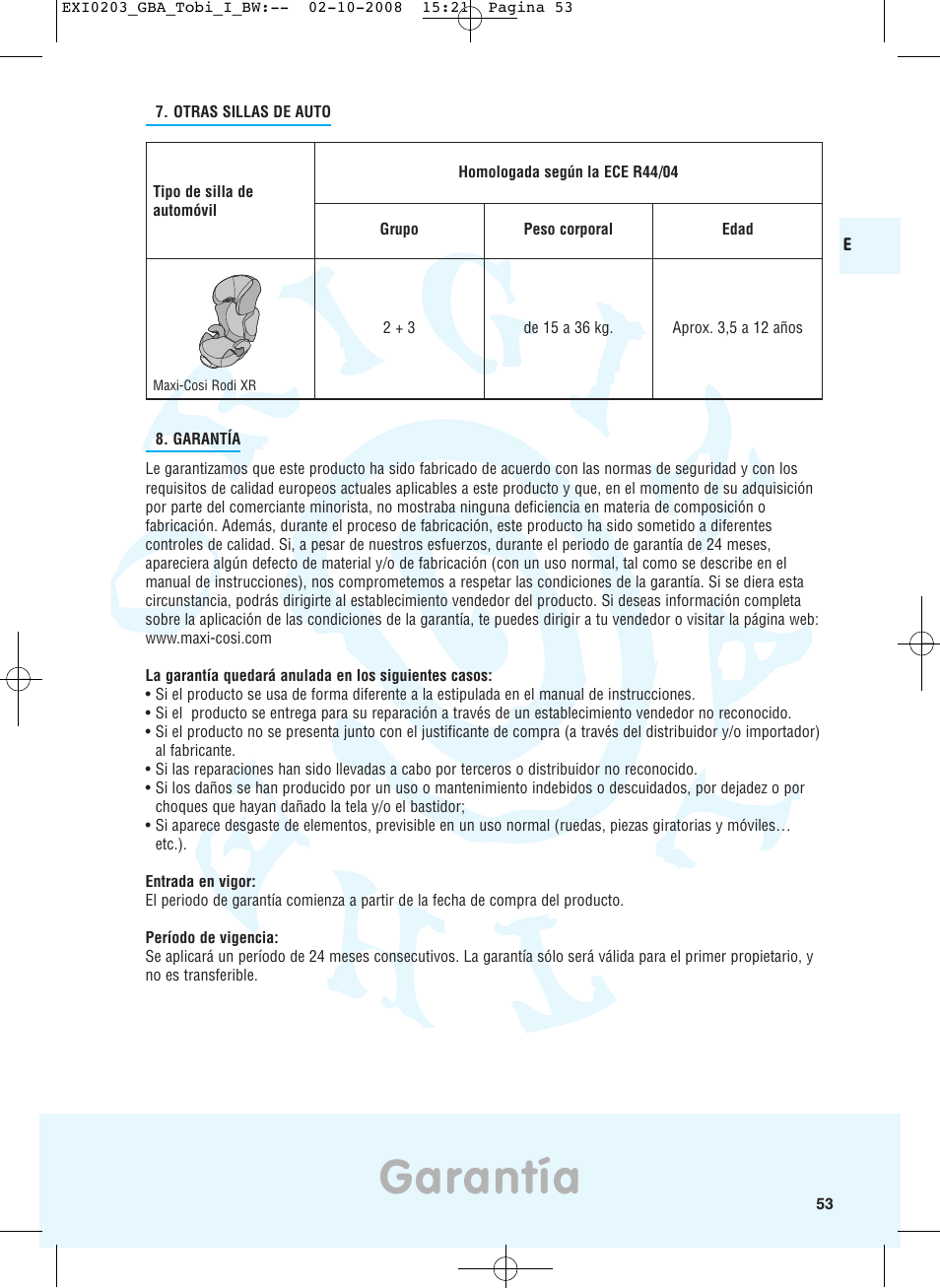 Garantía | Maxi-Cosi TOBI DRU0632 User Manual | Page 49 / 74