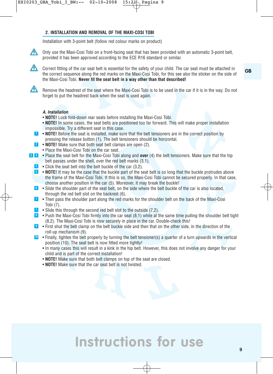 Instructions for use | Maxi-Cosi TOBI DRU0632 User Manual | Page 5 / 74